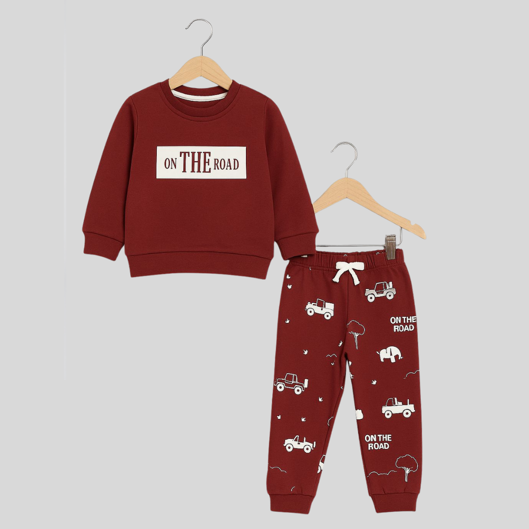 Boys Maroon Printed Tracksuit