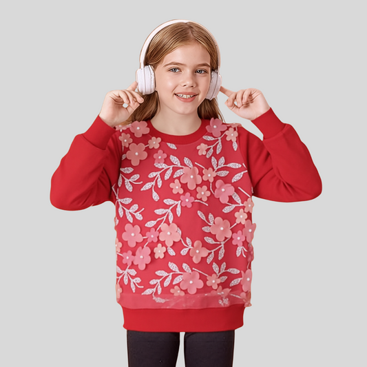 Girls red sweatshirt with flowers